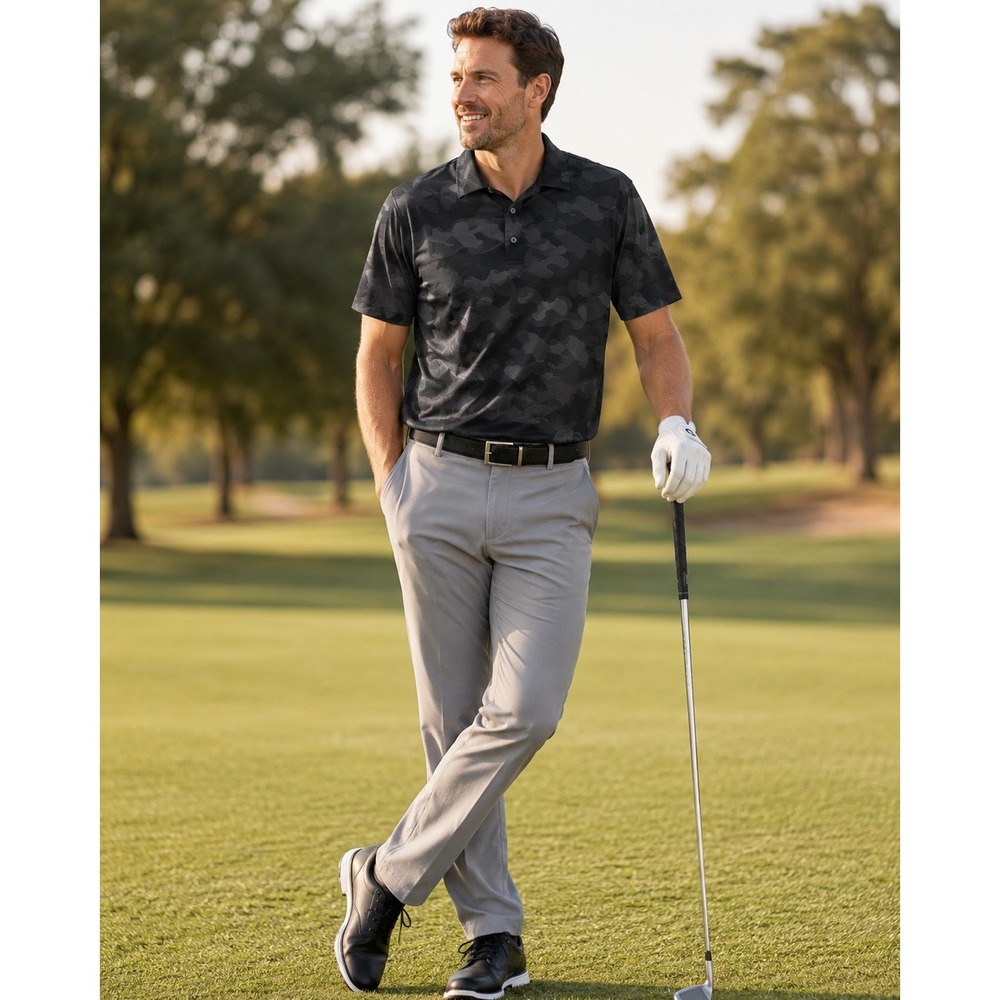 PGA TOUR Golf Polo‎ Camo Performance Men L Black Grey Streetwear Athletic Shirt
